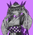  1girl alternate_costume bangs bow breasts cellphone checkered_clothes detached_sleeves eyeshadow greyscale hair_bow hat himekaidou_hatate japanese_clothes kimono kourindou_tengu_costume lips long_hair looking_at_viewer makeup medium_breasts monochrome natsushiro obi phone pom_pom_(clothes) purple_background purple_bow purple_eyeshadow purple_headwear purple_ribbon ribbon sash simple_background smile solo spot_color tokin_hat touhou twintails v wide_sleeves 