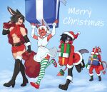 1boy 3girls absurdres animal_ears bag bare_shoulders belt belt_buckle black_hair blue_background boots breasts buckle christmas closed_eyes colored_skin demon_girl demon_horns demon_tail elbow_gloves english_commentary english_text eyebrows_visible_through_hair fingerless_gloves full_body gift gloves hair_between_eyes hair_over_one_eye high_heel_boots high_heels highres holding holding_gift horns li_(rob_ishi) merry_christmas miniskirt multiple_girls navel nelu_(rob_ishi) open_mouth original pointy_ears purple_skin rabbit_ears rabbit_girl rae_(rob_ishi) red_skin rob_ishi short_hair simple_background skirt sleeveless tail teeth thigh-highs thigh_boots tongue tracie_(rob_ishi) under_boob white_hair 