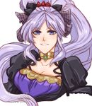  1girl artist_name blue_eyes breasts choker commentary commission english_commentary eyebrows_visible_through_hair fire_emblem fire_emblem_heroes grey_hair highres ishtar_(fire_emblem) long_hair looking_at_viewer medium_breasts parted_lips ponytail sierra117renner simple_background smile solo teeth tumblr_username upper_body watermark web_address white_background 