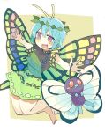  1girl antennae aqua_hair bare_legs barefoot baron_(x5qgeh) blush brown_eyes butterfly_wings butterfree crossover dress eternity_larva fairy green_dress leaf leaf_on_head multicolored_clothes multicolored_dress open_mouth pokemon short_hair short_sleeves single_strap smile touhou wings 