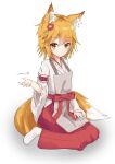  1girl animal_ears apron bangs blush eyebrows_visible_through_hair flower fox_ears fox_girl fox_tail hair_between_eyes hair_flower hair_ornament hand_on_lap hand_up highres japanese_clothes looking_at_viewer medium_hair orange_hair sakutaishi senko_(sewayaki_kitsune_no_senko-san) sewayaki_kitsune_no_senko-san signature simple_background sitting smile solo tail white_legwear yellow_eyes 