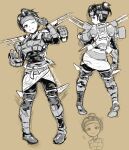  1girl :3 absurdres apex_legends armor bangs brown_background cloud_marauder_valkyrie gloves headband highres jetpack leaning_to_the_side looking_back missile_pod monochrome multiple_views obi one_eye_closed parted_bangs ponytail salute sash sketch smile two-finger_salute uncleduk valkyrie_(apex_legends) 