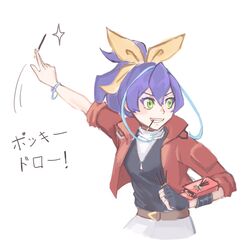  1girl blue_hair bow green_eyes hair_bow jacket milleniumlint multicolored_hair pocky pocky_day ponytail serena_(yuu-gi-ou_arc-v) smile solo two-tone_hair yellow_bow yu-gi-oh! yu-gi-oh!_arc-v yuu-gi-ou yuu-gi-ou_arc-v 