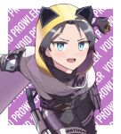  1girl animal_hood animification apex_legends bangs black_bodysuit black_gloves black_hair blue_eyes blush bodysuit cat_hood fang gloves hood hood_up nawoichi official_alternate_costume open_mouth parted_bangs scarf skin_fang smile solo thigh_strap v-shaped_eyebrows void_prowler_wraith white_scarf wraith_(apex_legends) 
