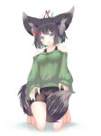 1girl animal_ear_fluff animal_ears animal_on_head bangs barefoot bike_shorts black_hair black_shorts blue_eyes blush breasts collarbone commission daidai_ookami eyebrows_visible_through_hair full_body green_hair green_sweater kneeling long_sleeves looking_at_viewer medium_breasts multicolored_hair off-shoulder_sweater off_shoulder on_head open_mouth original ribbed_sweater shadow short_shorts shorts skeb_commission sleeves_past_wrists solo sweater tail two-tone_hair white_background 