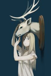  1girl arms_up blue_background blue_eyes blue_theme colored_skin deer deer_head dress frilled_sleeves frills from_side long_hair looking_to_the_side original shokugyo solo taxidermy trophy_head white_dress white_hair white_skin 