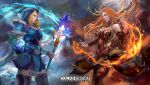  2girls armor blonde_hair blue_cape blue_eyes blue_footwear boots cape cglas closed_mouth crystal_maiden dota_(series) dota_2 dress fire forehead gauntlets holding holding_staff ice lina_inverse_(dota_2) long_hair looking_at_another mage magic multiple_girls orange_eyes orange_hair pauldrons red_dress red_footwear shoulder_armor sleeveless sleeveless_dress staff strapless strapless_dress thigh-highs thigh_boots 
