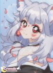  1980s_(style) 1girl animal_ear_fluff animal_ears artist_name black_kimono blue_background blush bright_pupils bubble cresscin eyebrows_visible_through_hair fang fang_out fox_ears fox_girl from_side grey_hair head_tilt highres japanese_clothes kimono looking_at_viewer mole mole_under_eye nijisanji nijisanji_en nina_kosaka off_shoulder red_eyeliner redhead retro_artstyle smile solo sparkle white_pupils 