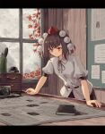  autumn_leaves black_ribbon black_skirt board branch brown_hair bunbunmaru camera clouds collared_shirt drawer hat highres indoors ink ink_bottle light_blush mountain newspaper notebook ookashippo paper pen pom_pom_(clothes) puffy_short_sleeves puffy_sleeves quill red_eyes ribbon shameimaru_aya shirt short_hair short_sleeves skirt smile table tokin_hat touhou white_shirt window wooden_wall 