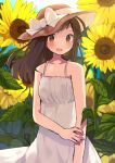  1girl bare_shoulders blush breasts brown_eyes brown_hair brown_headwear collarbone cowboy_shot dress floral_background flower hand_on_own_arm hat hat_ribbon leaf looking_at_viewer medium_hair open_mouth original ribbon small_breasts solo straw_hat sundress sunflower tamagogayu1998 white_dress white_ribbon yellow_flower 
