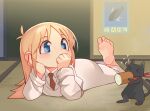  1girl barefoot black_cat blonde_hair blue_eyes cat coat feet hand_to_own_mouth highres labcoat leg_up long_hair lying necktie nichijou on_stomach professor_shinonome red_necktie sakamoto_(nichijou) sakurami_sumi shirt soles toes white_coat 