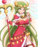  1girl adapted_costume belt breasts christmas cute enni forehead_jewel goddess green_eyes green_hair highres kid_icarus large_breasts laurel_crown legs long_legs multiple_belts nintendo palutena single_thighhigh solo staff thigh-highs thighs tiara 