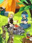  2girls :d apron black_footwear black_skirt black_vest blonde_hair blue_dress blue_hair blush_stickers breasts camping can chopsticks cooking cooler dress eyebrows_visible_through_hair fire_pit fish flat_cap grass hair_bobbles hair_ornament hat hat_removed headwear_removed holding holding_spoon kawashiro_nitori key kirisame_marisa leaf medium_hair multiple_girls on_grass open_mouth outdoors pot shirt shoes short_sleeves sitting skirt skirt_set small_breasts smile socks spoon tamagogayu1998 tent tomato touhou two_side_up vest waist_apron wariza white_apron white_legwear white_shirt witch_hat 