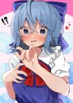  1girl blue_dress blue_eyes blue_hair blush bow bowtie breasts cirno collared_shirt commentary dress eyebrows_visible_through_hair fang frilled_shirt_collar frills hair_between_eyes hair_bow hand_on_own_chest heart highres looking_at_viewer medium_hair open_mouth pink_background puffy_short_sleeves puffy_sleeves red_bow red_bowtie shirt short_sleeves small_breasts solo tamagogayu1998 touhou upper_body white_shirt wings 