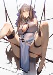  1girl absurdres ahoge bangs breasts brown_hair chinese_clothes hair_ornament highres legs_up long_hair original tefco thigh_strap violet_eyes white_background 