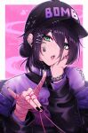  1girl alternate_costume artist_name bangs black_hair black_nails bomb bracelet chainsaw_man dress fox_shadow_puppet gantai-_(gxntai) green_eyes hair_between_eyes hair_bun hat highres jacket jewelry looking_at_viewer medium_hair pink_background purple_dress reze_(chainsaw_man) solo 