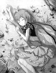  1girl akinomiya_asuka antennae butterfly_wings chinese_commentary closed_eyes dress eternity_larva eyebrows_visible_through_hair fairy greyscale hair_between_eyes highres monochrome multicolored_clothes multicolored_dress open_mouth rain short_hair single_strap sleeping solo touhou wet wings 