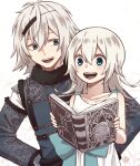  1boy 1girl blue_eyes brother_and_sister dress grimoire_weiss highres long_hair nier nier_(series) nier_(young) open_mouth siblings silver_hair simple_background smile tamakingx422x white_background white_dress white_hair yonah 
