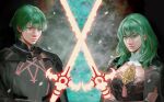  1boy 1girl armor black_cape byleth_(fire_emblem) byleth_eisner_(female) byleth_eisner_(male) cape closed_mouth detached_collar fire_emblem fire_emblem:_three_houses green_eyes green_hair highres holding holding_sword holding_weapon looking_at_viewer pauldrons shoulder_armor simple_background sword sword_of_the_creator vijoux weapon 