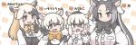  4girls animal_ears anteater_ears bangs black_hair blonde_hair bow bowtie brown_hair character_name closed_mouth eyebrows_visible_through_hair fang fur_collar giant_anteater_(kemono_friends) gloves hair_ornament hand_on_another&#039;s_head hand_up height_difference highres index_finger_raised japari_symbol kemono_friends long_hair looking_at_another looking_at_viewer medium_hair multicolored_hair multiple_girls northern_tamandua_(kemono_friends) one_eye_closed open_mouth orange_hair side-by-side smile southern_tamandua_(kemono_friends) swept_bangs tamandua_ears tamurambo upper_body v very_long_hair white_hair 