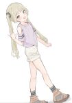  1girl :d bare_shoulders brown_eyes brown_footwear brown_hair clothing_cutout grey_legwear hand_up idolmaster idolmaster_cinderella_girls long_hair purple_shirt ripu_(lipi) shirt shoes short_shorts short_sleeves shorts shoulder_cutout smile socks solo twintails very_long_hair walking white_background white_shorts yokoyama_chika 