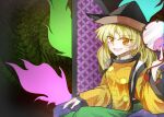  1girl aura black_headwear blonde_hair blush cape constellation_print eyebrows_visible_through_hair green_skirt hat long_hair matara_okina mirei_(miirei) open_mouth orange_cape orange_sleeves sitting skirt smirk solo tabard touhou wide_sleeves yellow_eyes 