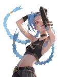  1girl arm_tattoo armpits arms_up asymmetrical_gloves bare_arms black_choker black_gloves black_shirt blue_hair braid breast_tattoo breasts choker closed_mouth cloud_tattoo commentary crop_top dino_(dinoartforame) elbow_gloves floating_hair gloves highres jinx_(league_of_legends) league_of_legends long_hair looking_at_viewer midriff navel red_eyes shirt simple_background single_elbow_glove sleeveless sleeveless_shirt small_breasts solo stomach_tattoo tattoo twin_braids twintails uneven_gloves upper_body very_long_hair white_background 