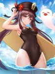  1girl arm_up armpits bare_shoulders black_swimsuit blue_sky blush breasts brown_hair closed_eyes covered_navel flower genshin_impact ghost groin hat hat_flower hu_tao_(genshin_impact) kenpong looking_at_viewer ocean one-piece_swimsuit open_mouth partially_submerged red_eyes sky small_breasts smile swimsuit symbol-shaped_pupils top_hat water wet 