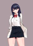  1girl bangs black_hair black_skirt blue_eyes blush bow bowtie cardigan closed_mouth commentary_request eyebrows_visible_through_hair long_hair long_sleeves looking_at_viewer open_cardigan open_clothes pleated_skirt red_legwear red_neckwear revision school_uniform shirt simple_background sitting skirt socks solo ssss.gridman takarada_rikka thighs tohitoshi tsurime white_background white_cardigan white_shirt 