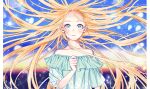  1girl blonde_hair blouse blue_eyes blush clenched_hand floating_hair gradient gradient_background highres long_hair looking_ahead off-shoulder_shirt off_shoulder original parted_lips shirt sky solo sparkle very_long_hair wide-eyed wind x_(comira) 