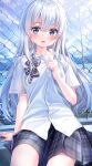  1girl blue_eyes blush bowtie dripping fence hot lake looking_at_another looking_at_viewer mountain original scenery school_uniform short_shorts shorts sitting sunlight sweat sweating_profusely uniform white_hair 