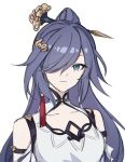  1girl bangs bare_shoulders black_hair blue_eyes china_dress chinese_clothes close-up closed_mouth dress fu_hua fu_hua_(azure_empyrea) hair_ornament hair_over_one_eye highres honkai_(series) honkai_impact_3rd kurari_o long_hair looking_at_viewer ponytail simple_background solo white_background white_dress 