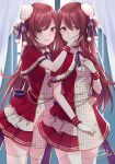  2girls :d alisia bangs beret blush bow brown_eyes brown_hair capelet christmas closed_mouth commentary_request dress eyebrows_visible_through_hair gloves hair_between_eyes hat houndstooth hug idolmaster idolmaster_shiny_colors long_hair multiple_girls oosaki_amana oosaki_tenka open_mouth plaid plaid_bow print_headwear red_capelet red_dress siblings sisters sitting smile snowflakes thigh-highs tilted_headwear very_long_hair white_gloves white_legwear 