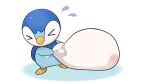  &gt;_&lt; closed_eyes closed_mouth commentary_request dragging flying_sweatdrops frown holding holding_sack no_humans official_art piplup pokemon pokemon_(creature) project_pochama sack solo standing toes white_background 