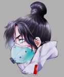  1girl apex_legends aqua_eyes bangs black_hair from_side glowing glowing_eyes grey_background grey_jacket hair_behind_ear head_only highres jacket looking_ahead mask meteolance mouth_mask profile quarantine_722_wraith solo v-shaped_eyebrows wraith_(cat_busters) 
