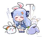  animal_ears blue_hair carrot_hair_ornament food-themed_hair_ornament hair_bun hair_ornament highres hololive intravenous_drip jacket long_hair multicolored_hair necktie nekotaririn nousagi_(usada_pekora) older rabbit_ears rabbit_girl skirt translation_request usada_pekora virtual_youtuber wrinkled_skin 