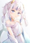  1girl :o blue_eyes blush cute gawr_gura greek_clothes hand_on_own_face hololive hololive_english looking_at_viewer necklace shadow shark shark_tail simple_background solo twintails white_background white_dress white_hair 