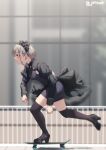  1girl black_dress black_hairband black_legwear blue_eyes blurry blurry_background dress full_body grey_hair hair_ornament hairband jonsun long_sleeves looking_away original profile riku_(jonsun) short_hair skateboard solo thigh-highs twitter_username x_hair_ornament 