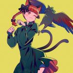  2girls ;3 animal_ears bangs banned_artist beak bird black_ribbon blunt_bangs blush blush_stickers bow braid cat_ears cat_tail colored_eyelashes commentary_request crow dress feathered_wings green_bow green_dress hair_ribbon harano kaenbyou_rin long_hair long_sleeves looking_at_viewer multiple_girls multiple_tails one_eye_closed paw_pose red_eyes redhead reiuji_utsuho reiuji_utsuho_(bird) ribbon simple_background standing tail talons touhou tress_ribbon twin_braids two_tails wings yellow_background 