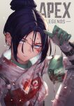  1girl absurdres apex_legends bangs black_hair blood blood_on_clothes blood_on_face blue_eyes bodysuit copyright_name gloves hair_behind_ear hair_bun head_tilt highres holding holding_mask logo looking_at_viewer mask mask_removed parted_bangs quarantine_722_wraith sitting solo takunoshin white_bodysuit white_gloves wraith_(apex_legends) 