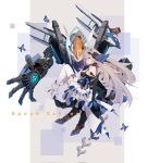  1girl baipiaojun bangs bare_shoulders black_gloves blue_butterfly boots bronya_zaychik bronya_zaychik_(herrscher_of_reason) bug butterfly closed_mouth dress elbow_gloves full_body gloves grey_eyes grey_hair hair_between_eyes hair_ornament highres honkai_(series) honkai_impact_3rd long_hair looking_at_viewer looking_to_the_side project_bunny sleeveless sleeveless_dress solo thigh-highs white_footwear white_legwear 