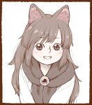  1girl animal_ear_fluff animal_ears black_scarf border brooch brown_border brown_hair commentary_request grin imaizumi_kagerou jewelry long_hair long_sleeves looking_at_viewer poronegi red_eyes scarf simple_background smile solo touhou upper_body white_background wolf_ears younger 