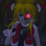  1girl animal_ears blonde_hair christmas cropped_jacket dated fingerless_gloves gloves glowing glowing_eye haruyama_kazunori long_hair looking_at_viewer namco_x_capcom red_eyes simple_background smile solo vest xiaomu 