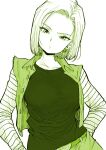  1girl android_18 breasts collarbone denim dragon_ball dragon_ball_z earrings eyebrows_visible_through_hair head_tilt jacket jewelry large_breasts long_sleeves looking_at_viewer monochrome ponsuke_(pon00000) shirt short_hair simple_background skirt solo 