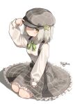  1girl absurdres arknights arm_up bangs bow breasts brown_eyes cabbie_hat closed_mouth collared_shirt commentary dress_shirt frilled_skirt frills full_body green_bow grey_headwear grey_skirt hair_between_eyes hair_ornament hand_on_headwear hat highres korean_commentary light_smile long_sleeves looking_at_viewer polyvora puffy_long_sleeves puffy_sleeves scene_(arknights) seiza shadow shirt signature sitting skirt sleeves_past_wrists small_breasts solo star_(symbol) star_hair_ornament suspender_skirt suspenders white_background white_shirt 