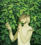  1girl bob_cut bush eating foliage frilled_sleeves frills green_theme hands_up holding leaf looking_to_the_side original plant shokugyo short_hair short_sleeves solo 