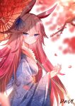  1girl animal_ears artist_name bangs blue_kimono bow branch cherry_blossoms closed_mouth dust9 fox_ears hair_between_eyes hair_bow hair_ornament highres holding holding_umbrella honkai_(series) honkai_impact_3rd japanese_clothes kimono long_hair long_sleeves looking_at_viewer oil-paper_umbrella petals pink_hair simple_background smile solo tree umbrella violet_eyes white_background yae_sakura 