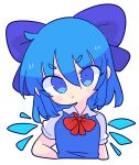  1girl :/ blue_bow blue_dress blue_eyes blue_hair bow breasts cirno collared_shirt dress hair_bow highres ice ice_wings neck_ribbon op_na_yarou pinafore_dress puffy_short_sleeves puffy_sleeves red_neckwear ribbon serious shirt short_hair short_sleeves simple_background small_breasts solo touhou white_background white_shirt wings 