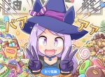  1girl blush candy chocolate commentary_request cookie double_v doughnut food gloves halloween hat horse_girl looking_at_viewer mago_(maagomago) mejiro_mcqueen_(umamusume) open_mouth paku_paku_desuwa portrait purple_hair solo table translation_request umamusume v violet_eyes witch_hat 