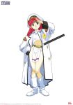  1990s_(style) 1girl azalyn boots brown_eyes circlet coat copyright_name full_body hat logo long_hair long_sleeves looking_at_viewer musekinin_kanchou_tylor navel not_for_sale official_art open_clothes open_coat peaked_cap pelvic_curtain pointy_ears redhead retro_artstyle salute simple_background smile solo standing white_background white_footwear 